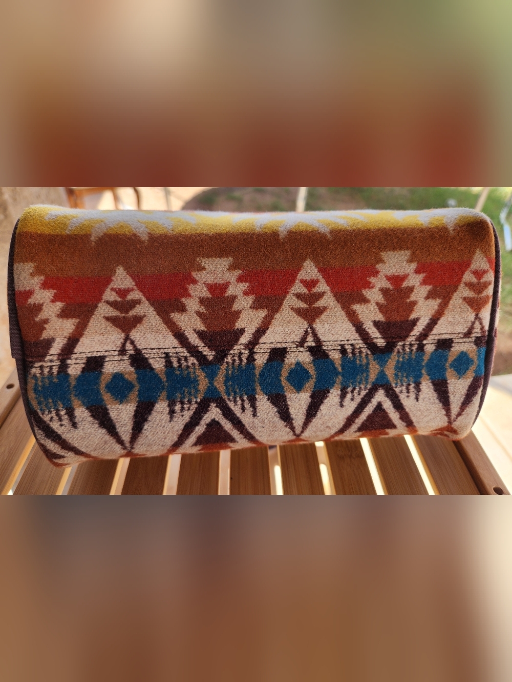 Pendleton Leather-Trim Wool Blanket - Multi-Color Aztec Western Style. - Picture 9 of 9
